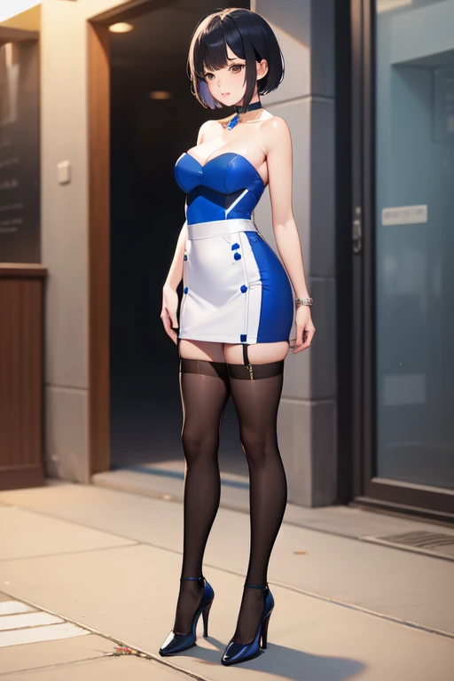 1girl, natural lighting, masterpiece, highly detailed, illustration, game CG, absurdres, high quality, glossy lips, aichan, large breasts, blue eyes, beautiful detailed eyes, short brown hair, side braid, standing, (bunny), bunny ears, strapless leotard, detached collar, fishnet tights, high heels, blush
