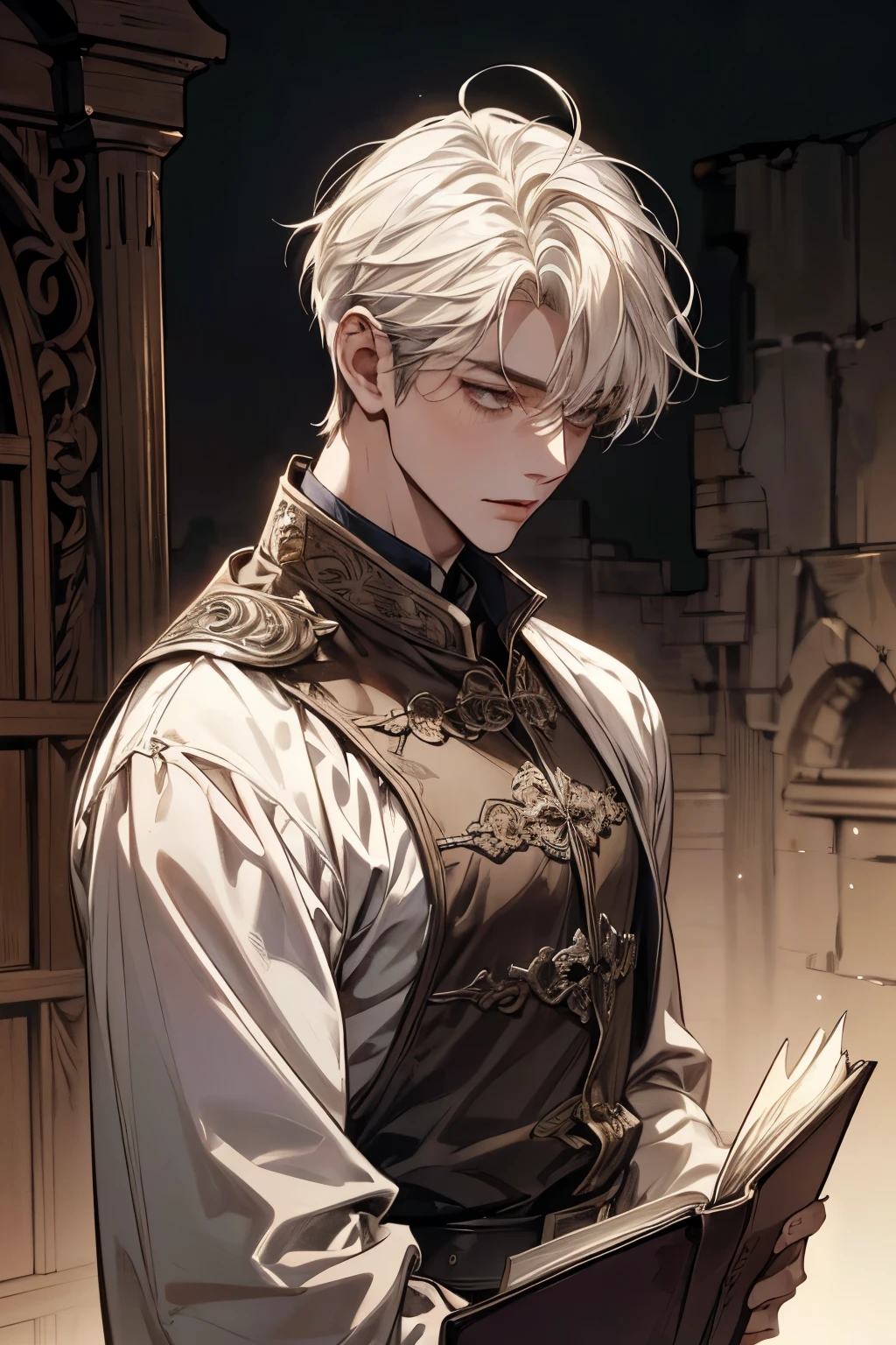 Muscular male, 30years old man, handsome, very short hair, short hair style, dark skin tone, tanned skin, Mediavel style, mercenary, medieval clothes, detailed background, romance fansasy book cover, (masterpiece:1.21),(bestquality:1.21),8k,high detailed,ultra-detailed,photography,award winning,documentary,Original Photo,Realisticity,solo,physically-based rendering,depth of field,(low saturation:1.3),(1boy;1.4:1.1),a male,silm,Real Skin Texture,White Marble Glowing Skin,model,model(random_color_clothing:1.45),(random stylish pose action:1.1), (close up shot),(random hair style),Alone