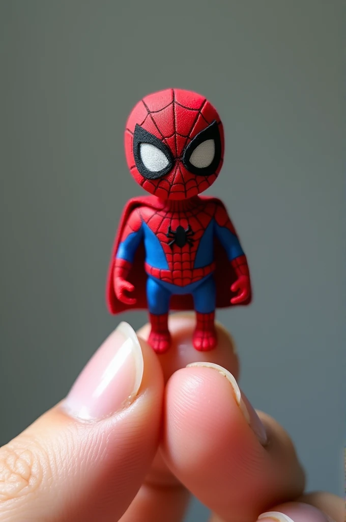 photorrealistic, 8k, Micro Tiny baby [spider-man] perched on a human finger