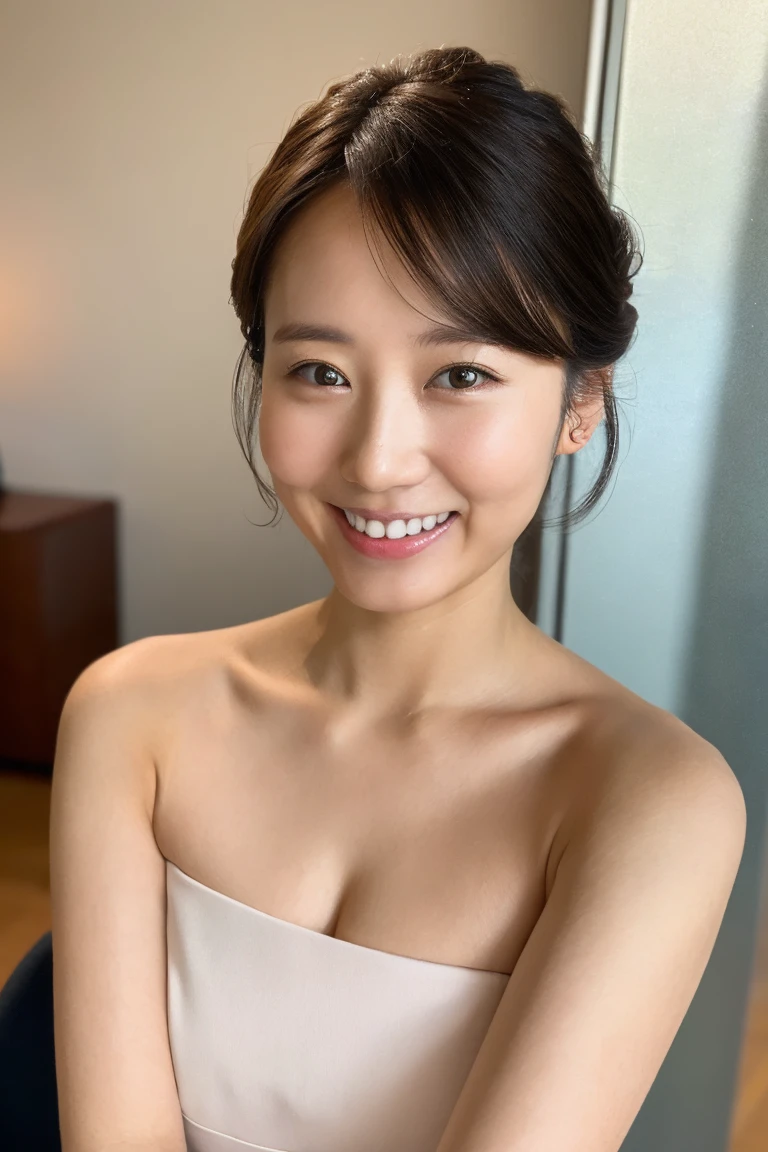 masterpiece, Photo quality,  Japanese Mature Woman ,  beautiful eyes, fine facial expression, ((Naked 1.3)),(Updo: 1.2), (smile: 1.4), bangs, (Droopy eyes,  gentle eyes : 1.3), Beautiful skin-colored thighs,  office,  full light,Full body photography