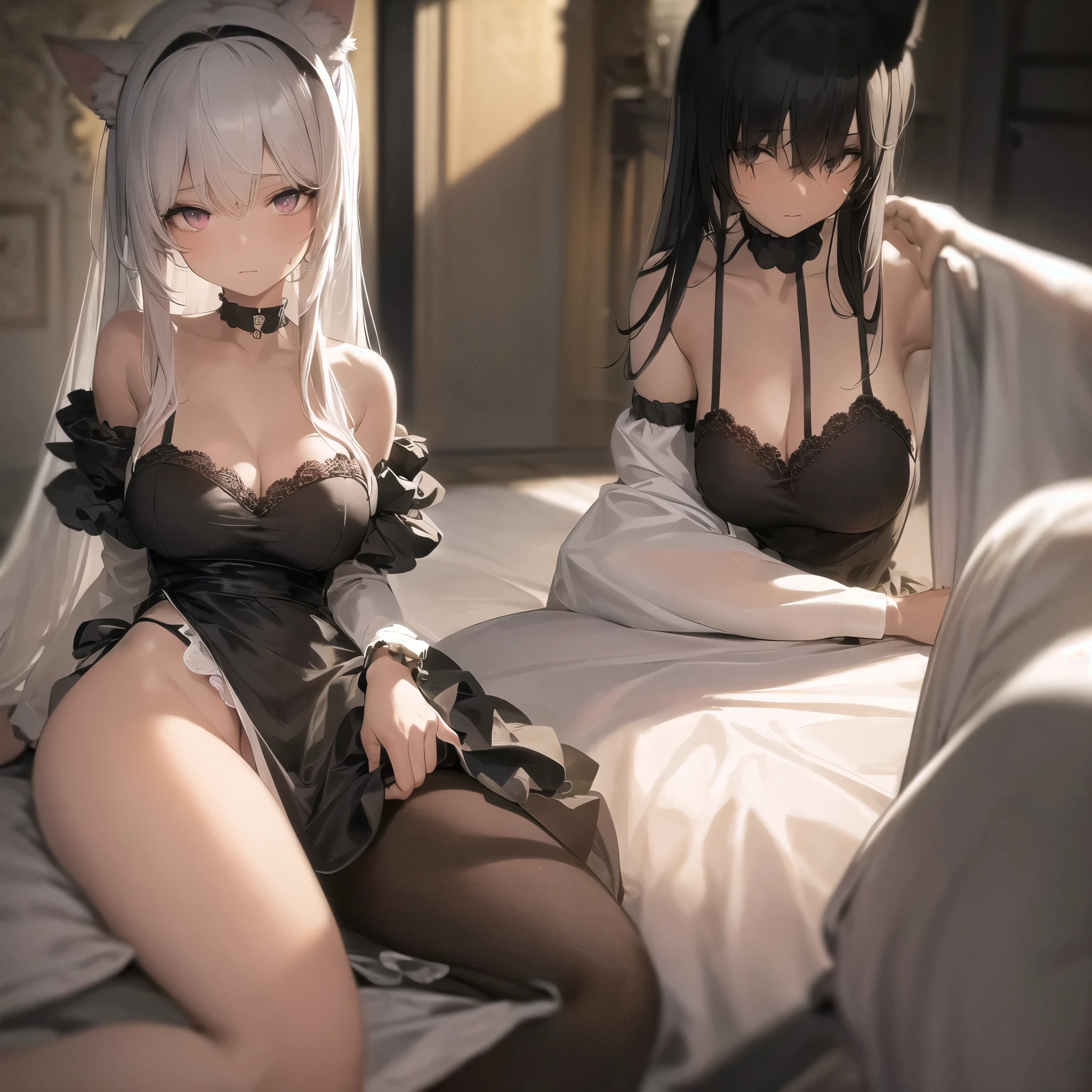 Sexy and glamorous woman、Gray eyes、Gray Hair、Long Hair、ponytail、Black Ribbon、White skin、（shoulder、Chest、belly button、Exposing thighs。）、See-through black clothes、Transparent and sexy knee-high socks、Looking at me with an upturned gaze、Sitting on the bed、night