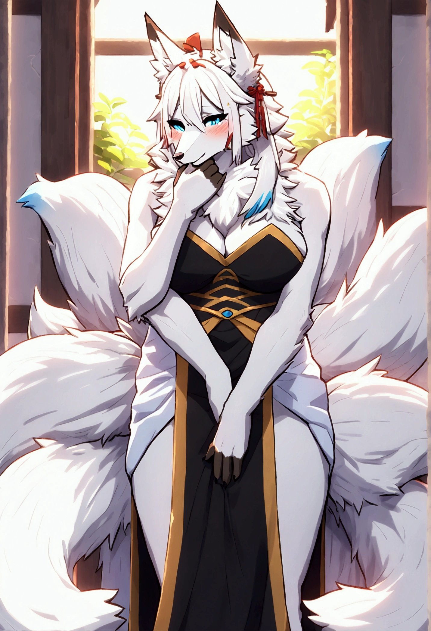 (top quality, best quality, Yamame513, High-quality illustrations, masterpiece, perfect artwork, cinematic light and shading, 16k, 1080p, uploaded on e621)(kemono, furry, anthro, alone), 1 female, (very detailed body, face, tail, arms, hands, legs, head and eyes), arctic fox, Yukime, (The Eminence in Shadow), hunter body, big breasts, white fur, fluffy, fluffy nine tails, white fox ears, blue inner ears, white fox hair, perfect eyes, blue eyes, black pupils, beautiful white dress, beautiful legwear, beautiful shrine garden, body movement, body twitching, red blushing, shy, protective behavior