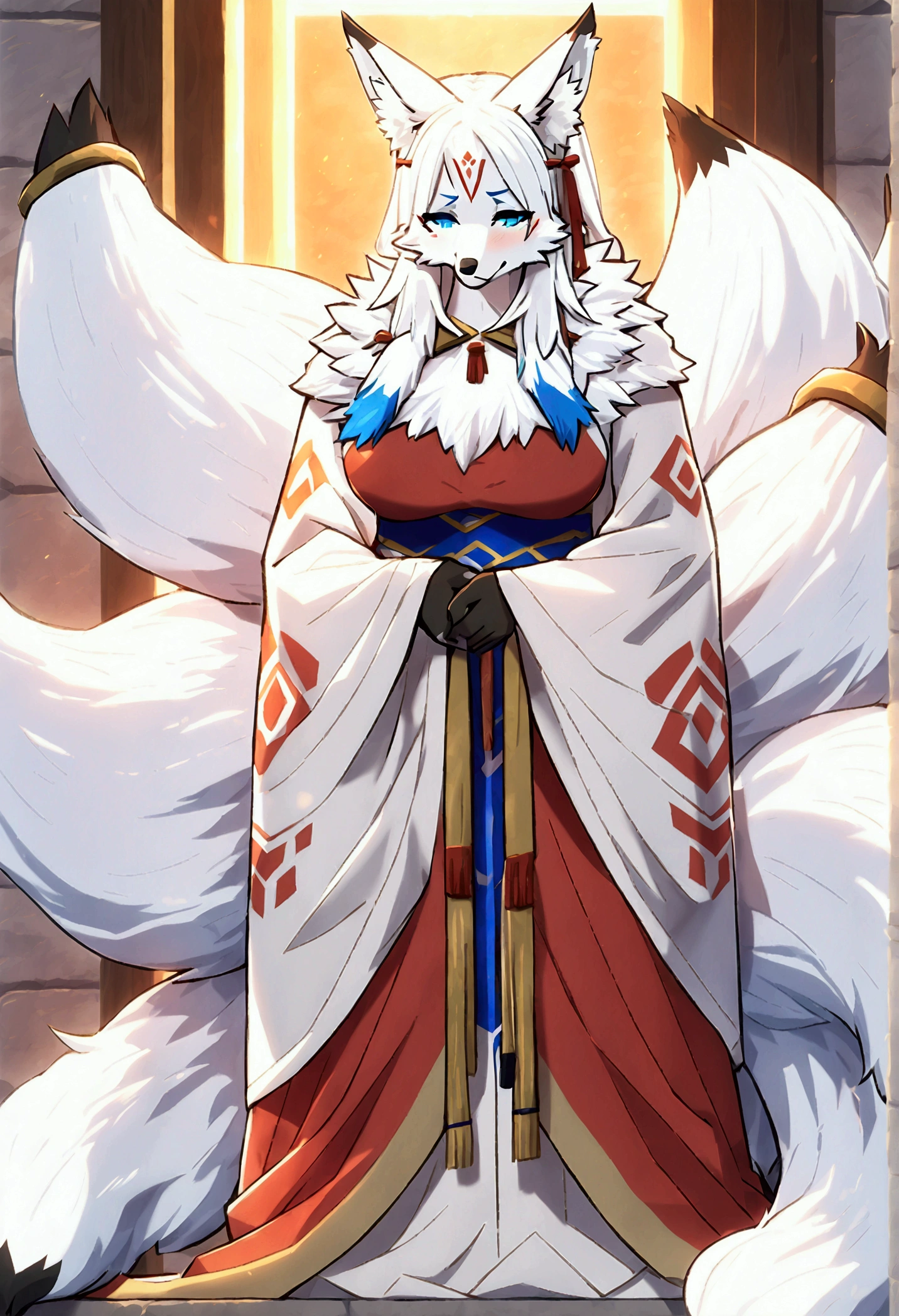 (top quality, best quality, Yamame513, High-quality illustrations, masterpiece, perfect artwork, cinematic light and shading, 16k, 1080p, uploaded on e621)(kemono, furry, anthro, alone), 1 female, (very detailed body, face, tail, arms, hands, legs, head and eyes), arctic fox, Yukime, (The Eminence in Shadow), hunter body, big breasts, white fur, fluffy, fluffy nine tails, hair, perfect eyes, blue eyes, black pupils, beautiful dress, beautiful shrine garden, body movement, body twitching, red blushing, shy, protective behavior