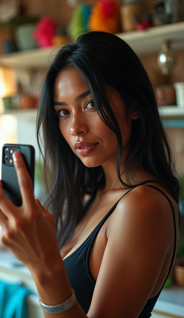 Foto RAW em sequencia, uma foto de uma adolescente 20anos, ((selfie da parte superior do corpo, feliz)), mordendo dedo, rosto detalhado, planos de fundo detalhados pouco desfocados, luzes naturais, (high detailed skin:1.2), 8k uhd, dslr, soft lighting, high quality, film grain, Fujifilm XT3
