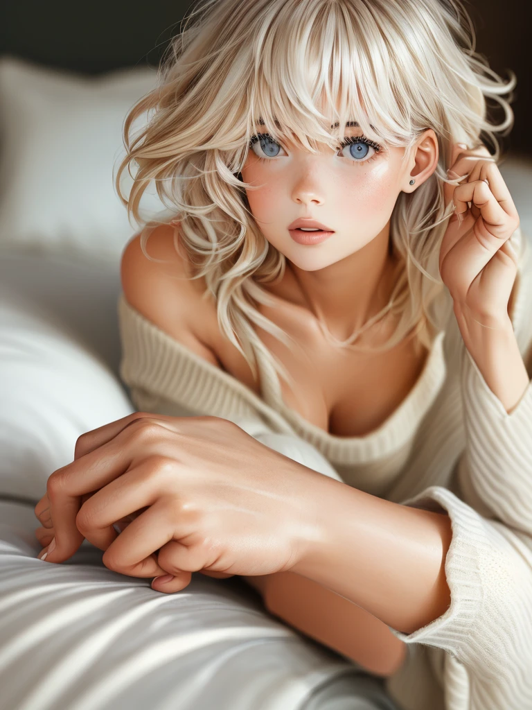 a beautiful women, all on fours, top down bottom up, unkempt white short hair, Anime, illustration, Portrait, animification, High resolution, Highest quality, super quality, Super Detail, ultra-real, Photorealistic --auto
