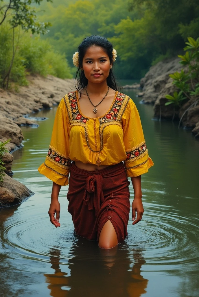 Draw a water blue lady with a typical nariño hat - Colombia, and that their braids are roots that sprout to give life to a beautiful ecosystem 