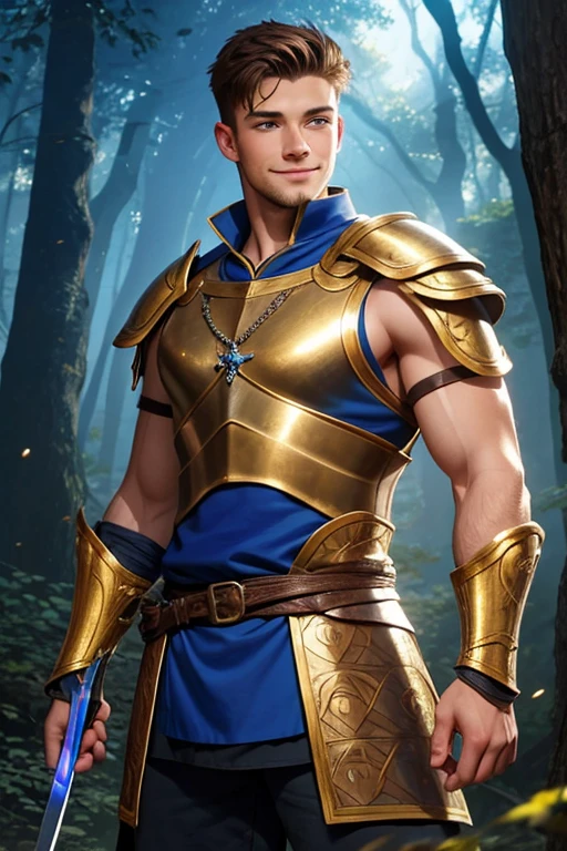 Photo realistic. A handsome, twenty-year-old, Caucasian, muscular medieval warrior, with fade-cut, brown hair, stubble, and blue eyes, wearing sleeveless, shimmering blue and gold armor, smiling slightly, standing in a magical forest, with glowing lights floating around, at dusk.