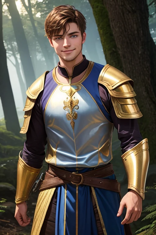 Photo realistic. A handsome, twenty-year-old, Caucasian, muscular medieval warrior, with fade-cut, brown hair, stubble, and blue eyes, wearing sleeveless, shimmering blue and gold armor, smiling slightly, standing in a magical forest, with glowing lights floating around, at dusk.