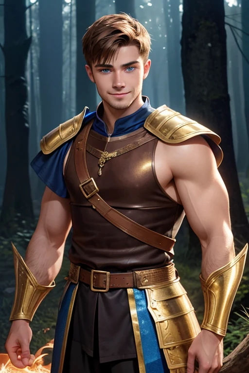 Photo realistic. A handsome, twenty-year-old, Caucasian, muscular medieval warrior, with fade-cut, brown hair, stubble, and blue eyes, wearing sleeveless, shimmering blue and gold armor, smiling slightly, standing in a magical forest, with glowing lights floating around, at dusk.