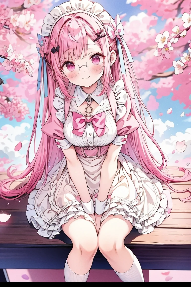 1 girl,solo,sakuna,light smile, glasses, black-framed glasses, bangs, pink hair, pink eyes, maid uniform, sitting on a set of steps, outdoors, sitting, wind blows, fluffy clouds, cherry blossom tree, pink petals fall, blue sky, glitter full-body shot, wide-angle, low angle, delicate face, line art, kawaii aesthetic, 32k uhd, multilayer, (Depth of field, cinematic angle, cinematic lighting:1.2), (masterpiece:1.2), (best quality:1.2), (very aesthetic:1.2), (absurdres:1.2)(detailed background), newest, intricate, sc3n3ry, yuuki sakuna