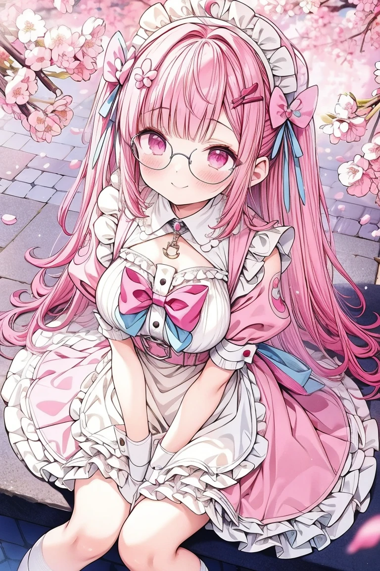 1 girl,solo,sakuna,light smile, glasses, black-framed glasses, bangs, pink hair, pink eyes, maid uniform, sitting on a set of steps, outdoors, sitting, wind blows, fluffy clouds, cherry blossom tree, pink petals fall, blue sky, glitter full-body shot, wide-angle, low angle, delicate face, line art, kawaii aesthetic, 32k uhd, multilayer, (Depth of field, cinematic angle, cinematic lighting:1.2), (masterpiece:1.2), (best quality:1.2), (very aesthetic:1.2), (absurdres:1.2)(detailed background), newest, intricate, sc3n3ry, yuuki sakuna