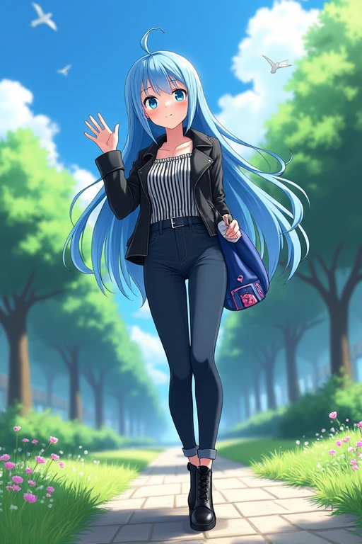 Anime woman com longos cabelos azuis, walking.  light blue eyes, Anime woman, 19 years old, long hair, straight hair, blue hair, sweet look,  looking at the viewer , smile, dynamic pose,  clear and green scenery , square, uma square com flores e grama,  black and white clothes , striped clothes,  jeans, high boots, striped blouse, black coat, leather jacket,  blue bag with pink details , 4K,  high quality, sun rays, blue sky, trees in the background,  birds flying in the background , passaros no blue sky, HD, masterpiece,  detailed image , anime style, leaning, leaning para o expectador, waving at the spectator ,  dynamic angle skateboard maneuver, Next to the camera, blue hair, overlord style,  overlord trait , Noragami style ,  Noragami trait , anime, twintails, double braid.