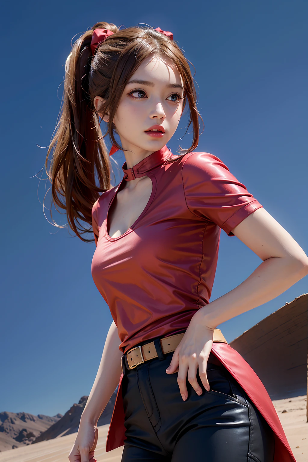   photo-realistic ,      High Res   , miss, Shining Skin,  Unique,, Jewelry,     pink lips    , Long hair,  Twin ponytails， Red headscarf ,     brown hair ， blue eyes ,  brown coat hip pattern， Red top， black shorts ，sand desert background  ，Xiaoyao（Pokémon）