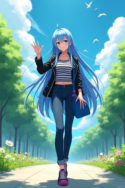 Anime woman com longos cabelos azuis, walking.  light blue eyes, Anime woman, 19 years old, long hair, straight hair, blue hair, sweet look,  looking at the viewer , smile, dynamic pose,  clear and green scenery , square, uma square com flores e grama,  black and white clothes , striped clothes,  jeans, high boots, striped blouse, black coat, leather jacket,  blue bag with pink details , 4K,  high quality, sun rays, blue sky, trees in the background,  birds flying in the background , passaros no blue sky, HD, masterpiece,  detailed image , anime style, leaning, leaning para o expectador, waving at the spectator ,  dynamic angle skateboard maneuver, Next to the camera, blue hair, overlord style,  overlord trait , Noragami style ,  Noragami trait , anime, twintails, double braid.