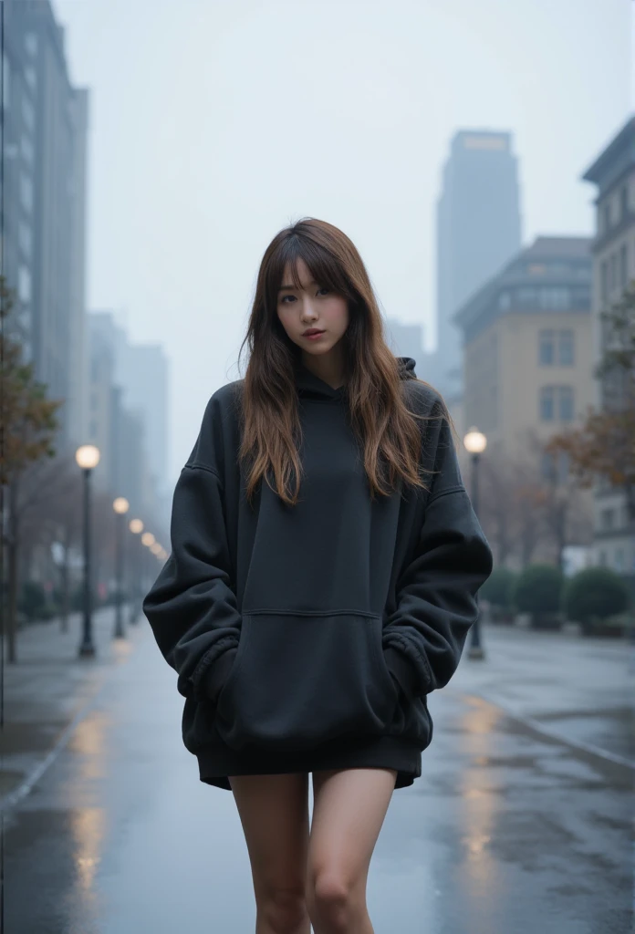 ((upper body:1.5)) 1girl stands in the center, She  located in a misty city with a lot of tall buildings and big road,Her outfit was cool,casual yet British - (paired with an oversized hoodie that covered her long legs). With her hair partially falling around her face,her pose exudes a sense of  and joy,reflected in the overcast sky and floating misty city road,