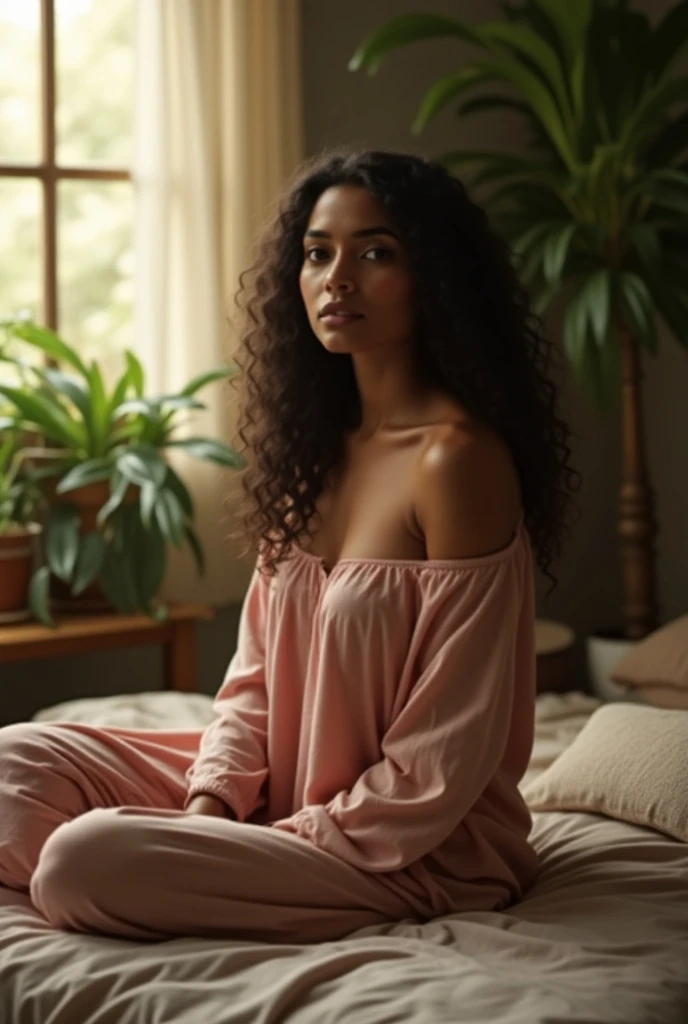 (photorealism:1.2), beautiful woman, sitting on bed, wearing loose off-shoulder top, pajama pants, long curly hair, indoors, soft lighting, plants in background, window with sunlight, cozy room, relaxed pose, realistic, intricate details, warm colors, by Greg Rutkowski, by Alphonse Mucha