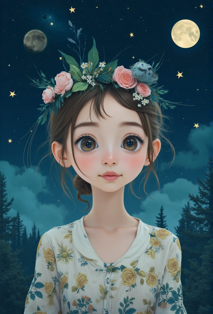 Whimsical character portrait surrounded by a starry night sky, celestial bodies, mystical forest silhouette, golden stars accents, soft pastel colors, center-focused, illustrative style meeting magical realism akin to Catrin Welz-Stein, combined with the flat 2d cuteness and dreamy fantasy of vector illustration, all infused with Tim Burton's unique aesthetic, sleek modern minimalism meeting graphic line art, ethereal ambiance, vector graphics, professional quality.