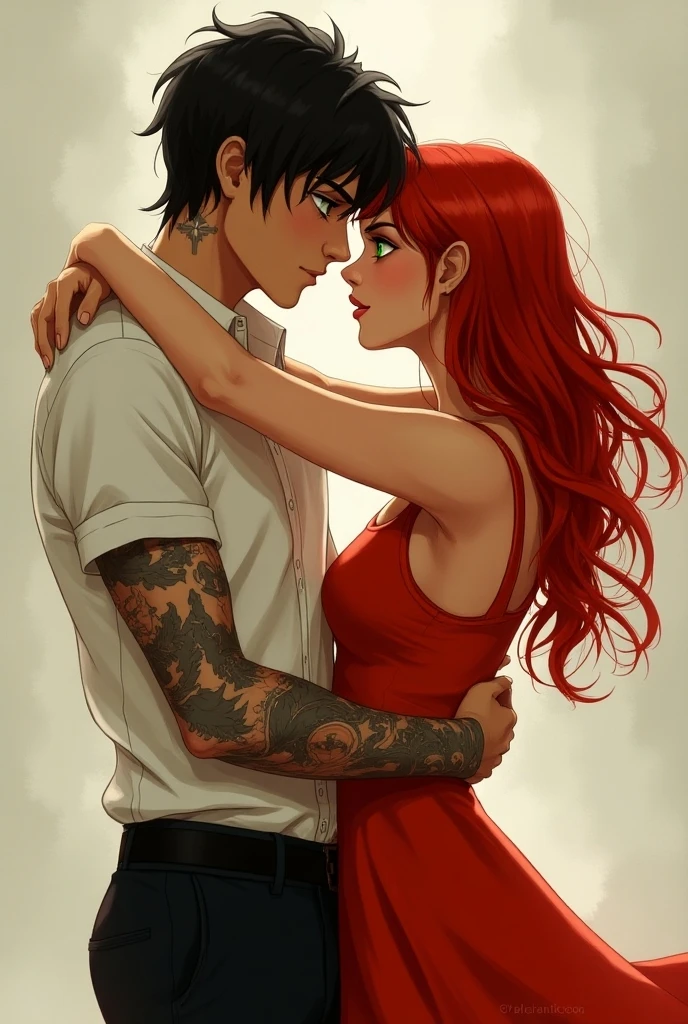 They are on the steps of a staircase and a black-haired boy ,with tattooed arms he is carrying a red-haired ??????? his waist
, They both have their eyes closed, he is staggering, She has her head on his neck hugging him and smiling,