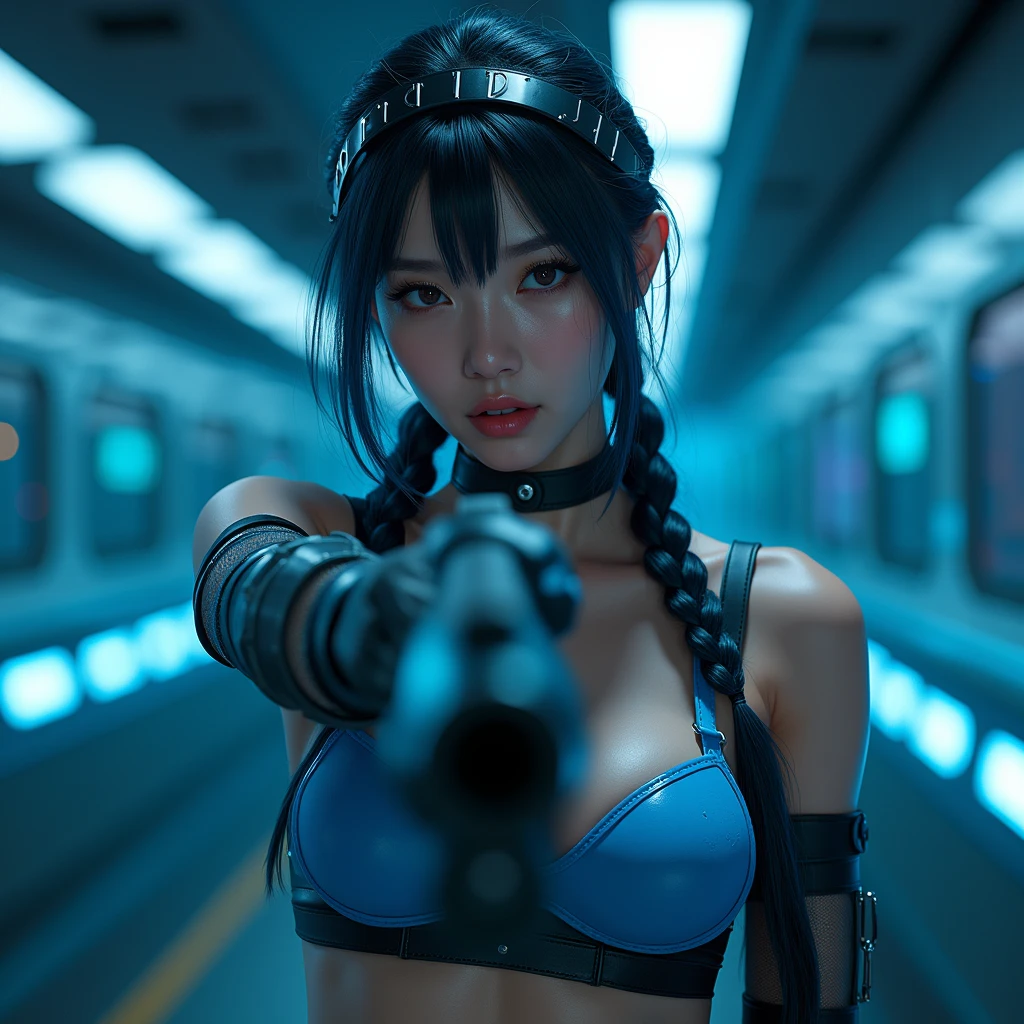 8k, Realistic Skin Texture, Realistic Photo, Neo Tokyo, slim women, large-breast:1.4 cleavage:1.3, AD2050 at night, Dirty hunting jacket, Wearing tube top, miniskirt, (((black sunglasses, automatic rifle, sneakers, cold, shooting pose, very low angle view))), Innovative composition, revenge, cyberpunk, blade runner worldview, Large neon sign, Geisha hologram sign, Strong Wakamoto Sign.