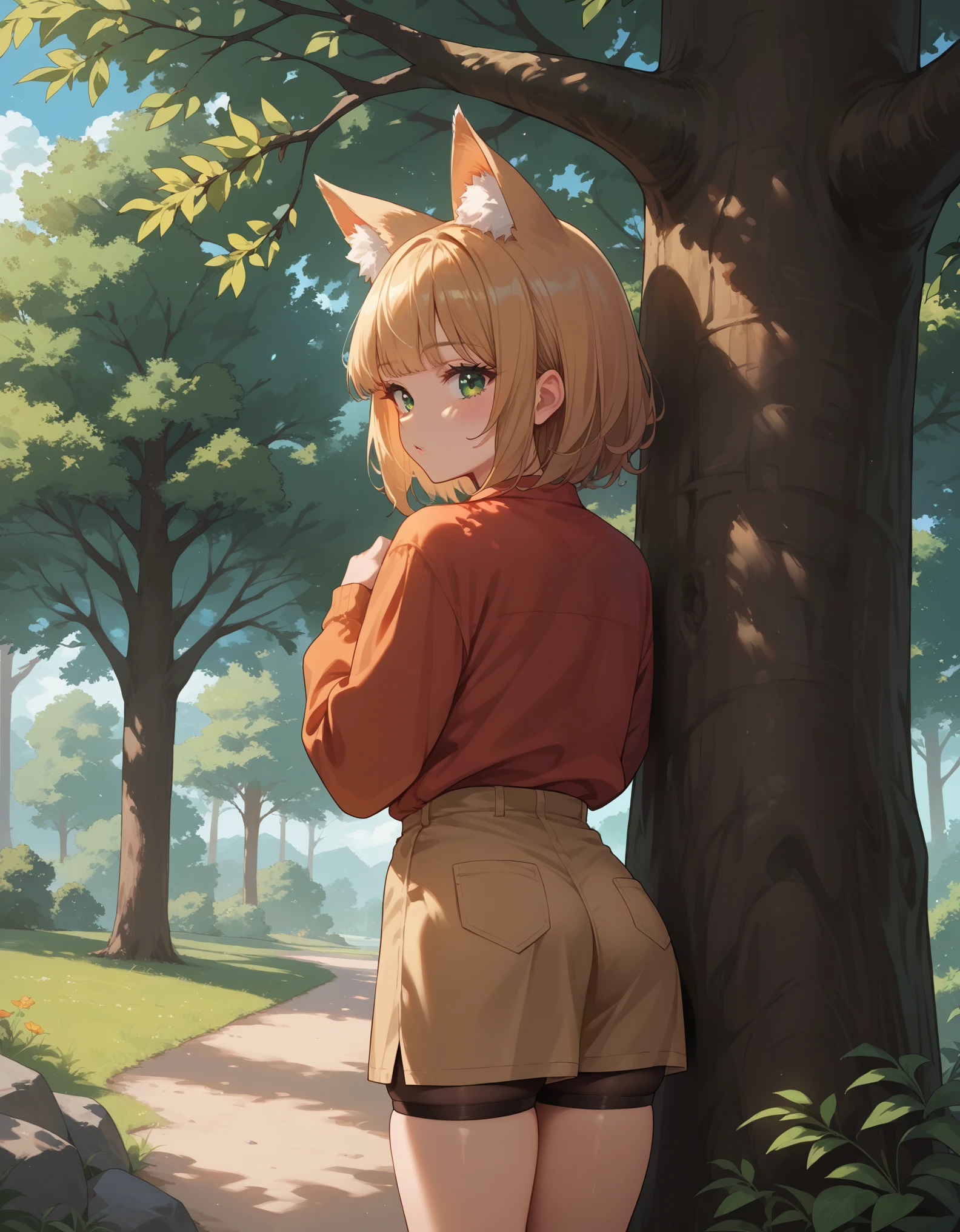 score_9,score_8_up,score_7_up,score_6_up, source_anime,
BREAK
A young girl with large fox ears peeks out from behind a tree,skiny and frail,(petite,cute:0.5),
green eyes,
medium hair,
animal ears,fox ears,
behind tree,
outdoors,tree,