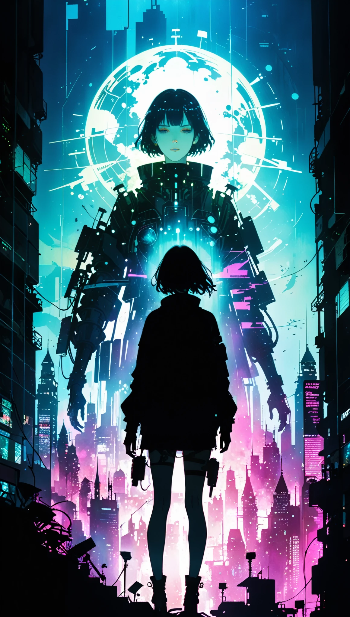 in style of Harry Clarke,(in style of Ashley Wood:1.4),
(double exposure:1.6),1 huge silhouette of a girl and eerie projection of a battle city,thrilling footage exposed,cyberpunk vaporwave,holographic projection,(posing,Dynamic Action:1.23),
