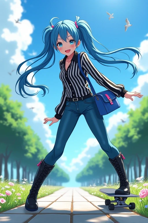 Anime woman com longos cabelos azuis, walking.  light blue eyes, Anime woman, 19 years old, twintails hair, Double braid hair, long hair, beautiful hair, blue hair, sweet look,  looking at the viewer , smile, dynamic pose,  clear and green scenery , square, uma square com flores e grama,  black and white clothes , striped clothes,  jeans, high boots, striped blouse, black coat, leather jacket,  blue bag with pink details , 4K,  high quality, sun rays, blue sky, trees in the background,  birds flying in the background , passaros no blue sky, HD, masterpiece,  detailed image , anime style, leaning, leaning para o expectador, waving at the spectator ,  dynamic angle skateboard maneuver, Next to the camera, blue hair, overlord style,  overlord trait , Noragami style ,  Noragami trait , anime.