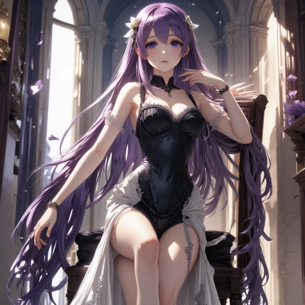 ((Masterpiece)), ((best quality)), (super detailed), from side, Small chest, (pale skin), (small bra), (kneeling), messy medium-long hair, pale thighs, (small elf ear), (Short eyebrows), healthy whole body, evil smile, pale purple hair, 1girl, solo, ((beautiful eyes)), beautiful detailed eyes, detailed face, five fingers, textile shading, perfect anatomy, kneeling in the Rose Garden, (ruinscape)
