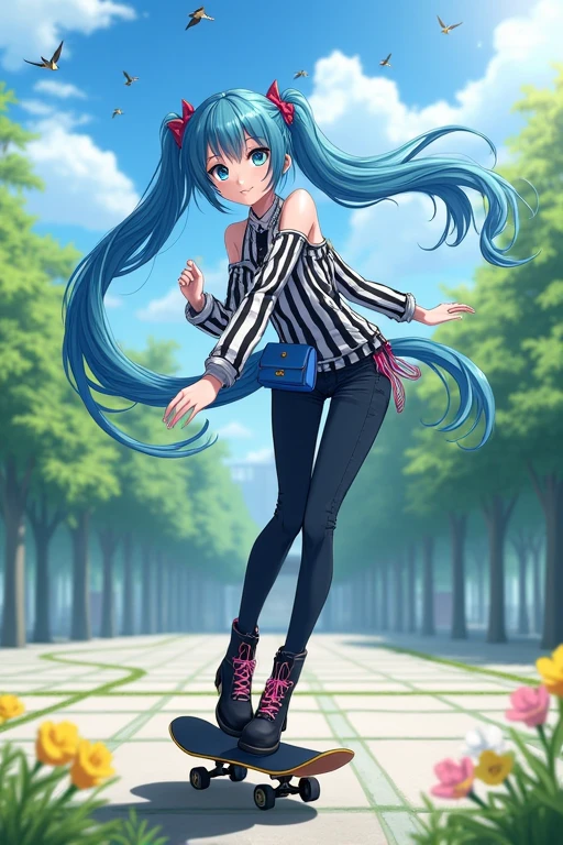 Anime woman com longos cabelos azuis, walking.  light blue eyes, Anime woman, 19 years old, twintails hair, Double braid hair, long hair, beautiful hair, blue hair, sweet look,  looking at the viewer , smile, dynamic pose,  clear and green scenery , square, uma square com flores e grama,  black and white clothes , striped clothes,  jeans, high boots, striped blouse, black coat, leather jacket,  blue bag with pink details , 4K,  high quality, sun rays, blue sky, trees in the background,  birds flying in the background , passaros no blue sky, HD, masterpiece,  detailed image , anime style, leaning, leaning para o expectador, waving at the spectator ,  dynamic angle skateboard maneuver, Next to the camera, blue hair, overlord style,  overlord trait , Noragami style ,  Noragami trait , anime.