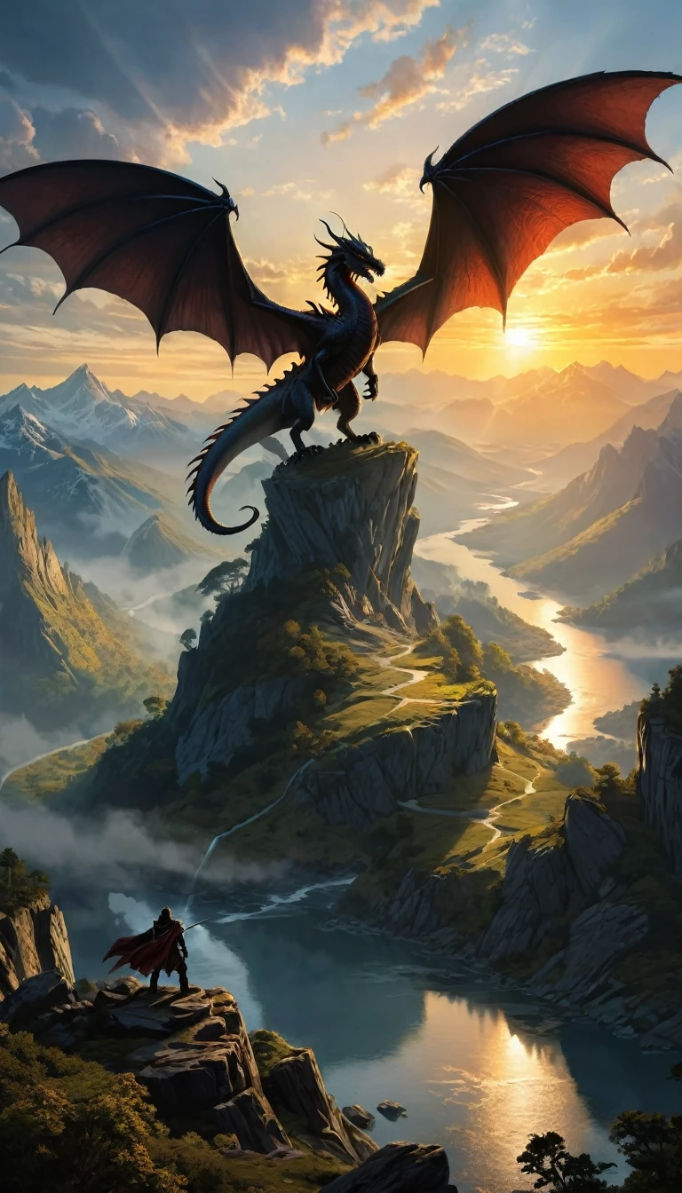 antasy art, dnd art, RPG art, wide shot, (masterpiece: 1.4) a silhouette of a dragon that spread his wings on top of a mountain as the sun rises at dawn behind him. reflection light, high details, best quality, 16k, [ultra detailed], masterpiece, best quality, (extremely detailed), the sun (cast a shadow behind the dragon: 1.5), sun rays, clouds, ultra wide shot, photorealistic, RAW, fantasy art, dnd art, fantasy art, realistic ar