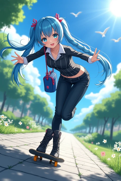 Anime woman com longos cabelos azuis, walking.  light blue eyes, Anime woman, 19 years old, twintails hair, Double braid hair, long hair, beautiful hair, blue hair, sweet look,  looking at the viewer , smile, dynamic pose,  clear and green scenery , square, uma square com flores e grama,  black and white clothes , striped clothes,  jeans, high boots, striped blouse, black coat, leather jacket,  blue bag with pink details , 4K,  high quality, sun rays, blue sky, trees in the background,  birds flying in the background , passaros no blue sky, HD, masterpiece,  detailed image , anime style, leaning, leaning para o expectador, waving at the spectator ,  dynamic angle skateboard maneuver, Next to the camera, blue hair, overlord style,  overlord trait , Noragami style ,  Noragami trait , anime.