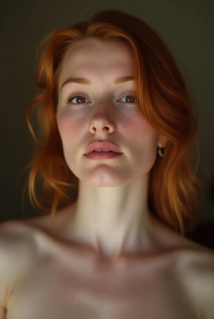 Full body photograph of a young super cute slim Irish redhead with dark theme, short hair, perfect teeth, slim nose, slim neck, realistic freckles, full lips (lustful and seductive look), erotic pose. naked pointy big natural breasts, big buttocks, (hard nipples with realistic details, real skin, real nipples, perfect nipples), (very small waist, slim body, wide hips), blue eyes, very detailed eyes, (eye detail: 0.8), (Naturally sagging breasts, realistic skin, epic realism, RAW photography, realistic skin, epic realism, HDR: 1.5, epic skin detail, porous skin, goosebumps, with German features.) ((Photorealistic): 1.1 ), dark background, Canon 5D, 8mm film grain, realistic shading