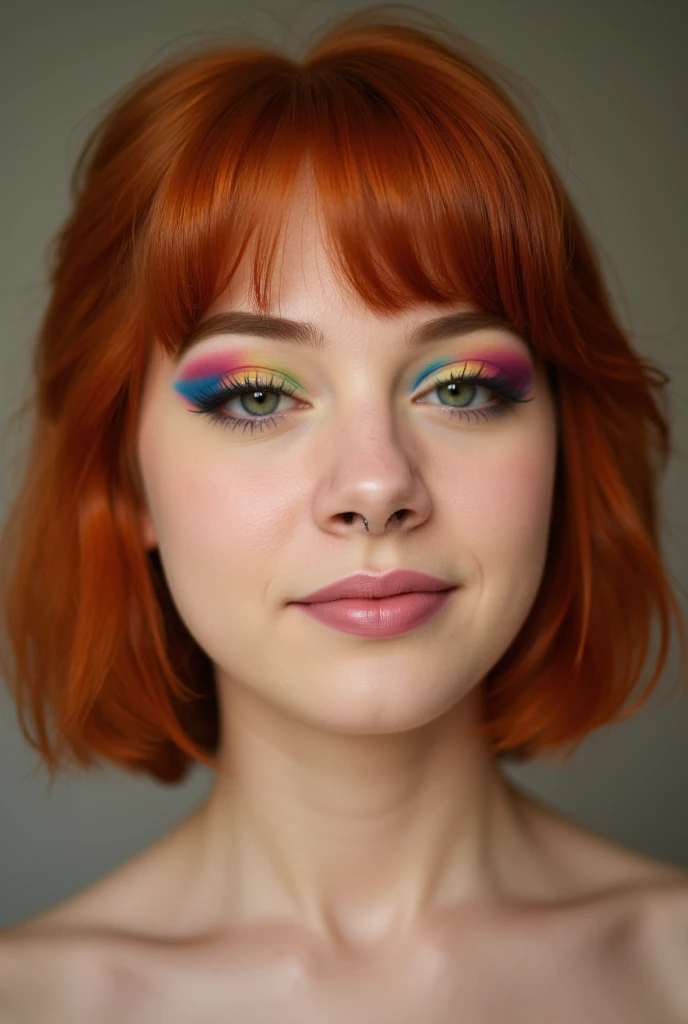 photographie amateur femme française aux cheveux roux, yeux verts, 30 ans, maquillage lgbt