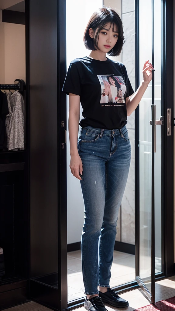 ((Best quality, realisticlying, 8k ultra high definition, Masterpiece: 1.3)), Focus: 1.5, Slim and slim figure,Petite,being thin: 1.4, (long beautiful hair,hair straight,Brown Black,Delicate hair)), (Wet clothes: 1.1) , (rain, sea beach: 1.3), 1 beautiful maiden(18yr old), 独奏,Black slip sweater, No bra, Raised breasts cleavage, Petite: 1.5, Big breasts Thin waist,Small buttocks,The flat lower abdomen is exposed,Stylish long jeans,(Low Waist),(Open navel), (Branded fashion flared pants:1.2), (Stylish washed blue trousers:1.2),Premium texture: 1.3, High-quality granularity, (Nice little crystal sandals: 1.2), Legs are well-proportioned,Highly detailed face and skin texture,petty face,Super nice looking, Beautiful eyes, 二重まぶた , delicated, beautifuldetails, Fair face and skin, Smile, Toothy,lipsticks,There are dimples,(female focus, waistup & hips focus, close focus, hdr shot), Legs together, varied pose,taken from behind (full bodyesbian: 1.8))