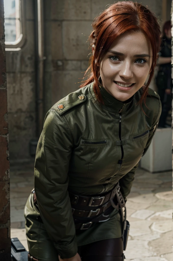 Ultra realistic image of a European woman with red hair and a military uniform, smiling, carefree, Sasha Braus, from attack on titan, Game of Thrones character, in attack on titan, female protagonist, female anime character,  worried expression 