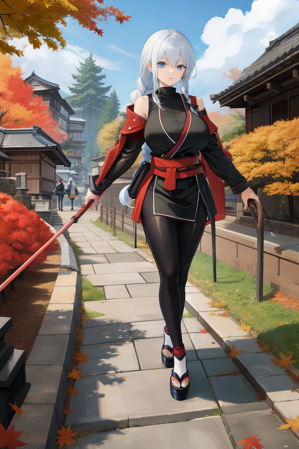 young woman, (Ninja 1 .3),  Ninja clothes , big breasts,  Sexy Figure ,  long hair,  braided in a scythe ,  in the hands of shuriken ,  black belt ,  hip bag ,  perfect anatomy,  blue eyes ,  Chinese style , ancient japan,  old buildings, on the roof,  leaves fall to the ground, autumn, stone path ,  Huge view , Scene,  throws shuriken , Edo period, 8 k, masterpiece, bright colors,  Complex Details , Clear Picture,  best quality, armor,
