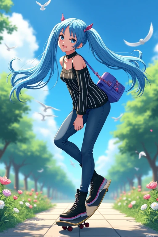 Anime woman com longos cabelos azuis, walking.  light blue eyes, Anime woman, 19 years old, twintails hair, Double braid hair, long hair, beautiful hair, blue hair, sweet look,  looking at the viewer , smile, dynamic pose,  clear and green scenery , square, uma square com flores e grama,  black and white clothes , striped clothes,  jeans, high boots, striped blouse, black coat, leather jacket,  blue bag with pink details , 4K,  high quality, sun rays, blue sky, trees in the background,  birds flying in the background , passaros no blue sky, HD, masterpiece,  detailed image , anime style, leaning, leaning para o expectador, waving at the spectator ,  dynamic angle skateboard maneuver, Next to the camera, blue hair, overlord style,  overlord trait , Noragami style ,  Noragami trait , anime.