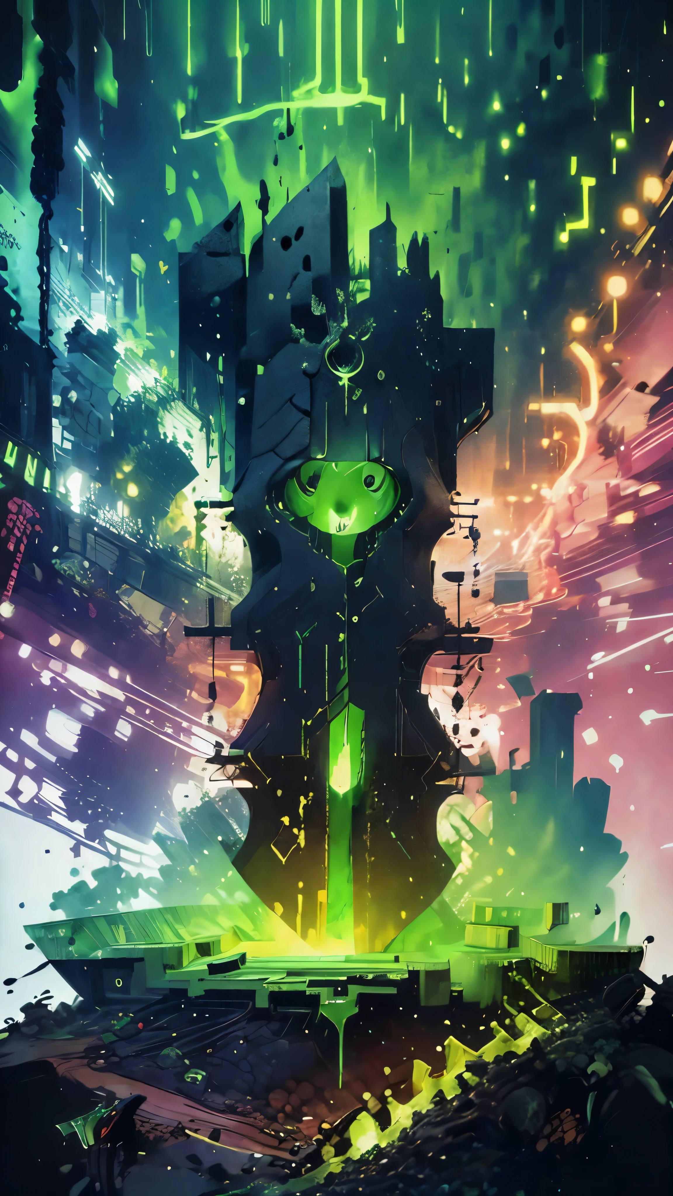 (Screen print:1.3) ((masterpiece,best quality)), Necron_Architecture, electricity, green glow, green theme, a photo of a woman