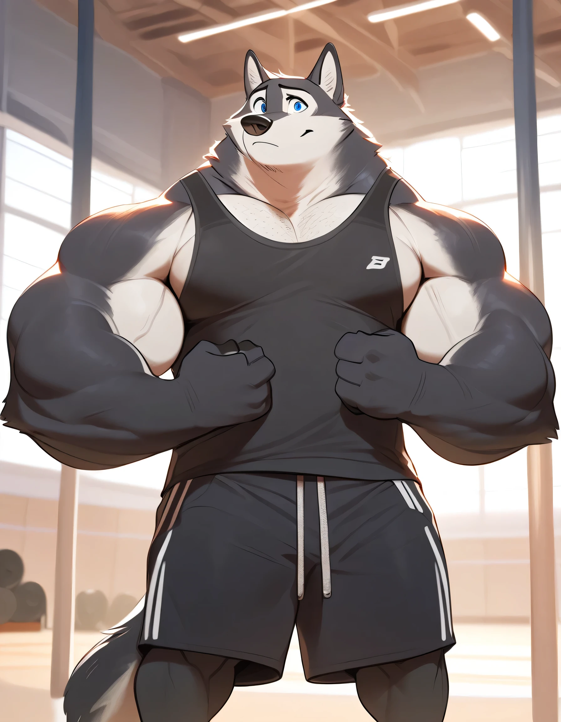 strong, solo, 1boy, Muscular black husky dog, (wide shoulder, pectoral, thick arms, huge pectoral, wide pectoral), in gym with gymnasium warehouse background, black gym shorts, black tank top, grunting, flexing his arms, gym background, height: 6.1, weight: 207lbs, detailed eyes with blue pupils, masterpiece, Walt Disney 2D Zootopia Animation Art Style, 