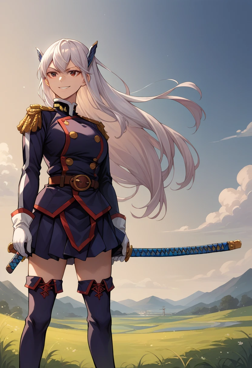 score_9, score_8_up, source_anime, 1girl, solo, UzenKyouka, long hair, hair ornament, military uniform, epaulettes, blue jacket, brown belt, white gloves, blue skirt, thigh boots, standing, outdoors, holding katana, katana, smile, 