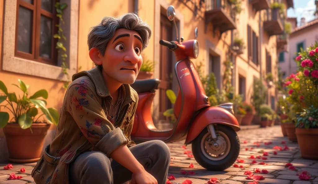 a 40 years old man sit beside an old vespa, wearing old jacket, look sad, cartoon