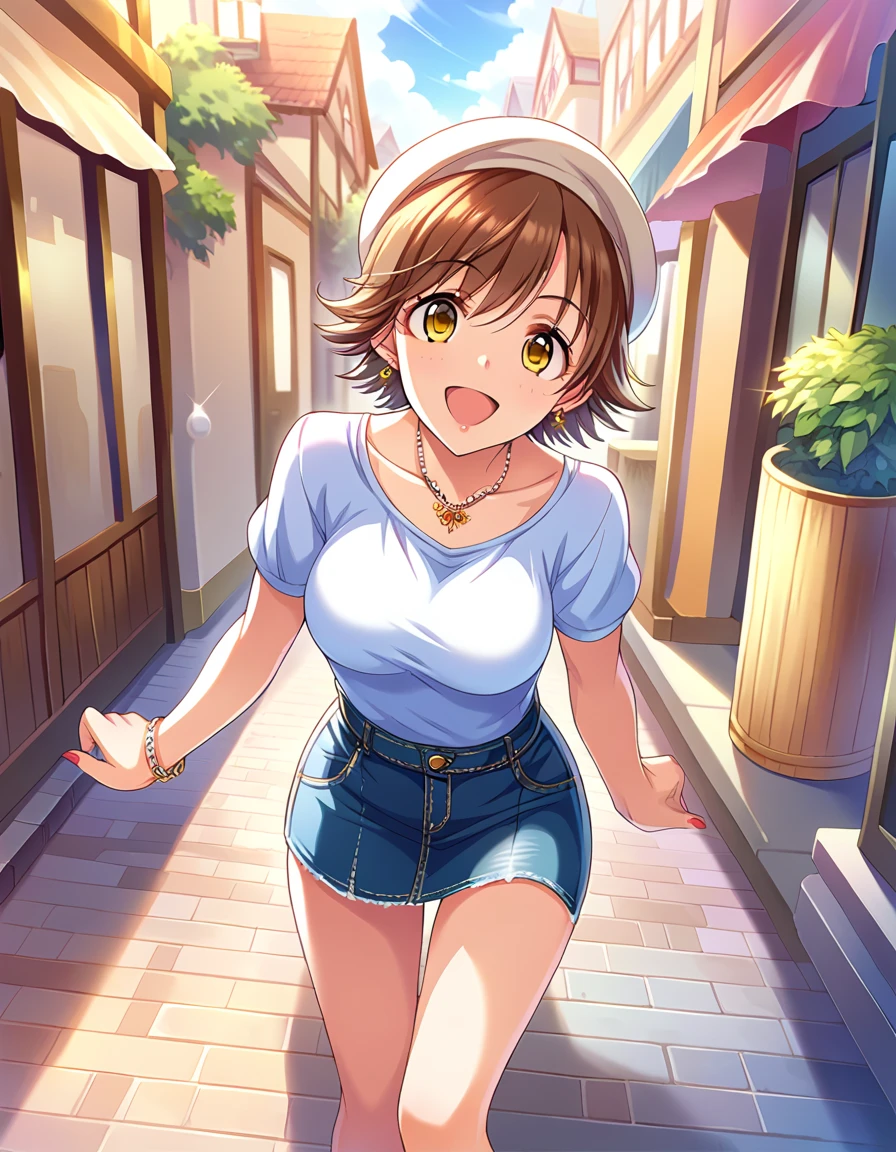 score_9, score_8_up, score_7_up, source_anime,
pinup of 1girl, solo, dutch angle,  dating, lovers, walking, joyful, smile, open mouth, (looking at viewer:1.2),
outdoors, street, 
 hndmo, short hair, brown hair, yellow eyes, medium breasts, bouncing breasts, 
casual wear, shirt, hat, beret, miniskirt, denim skirt, thighs,
lipstick, earrings, necklace, bracelet, nail polish, 
detailed eyes, eye refraction,