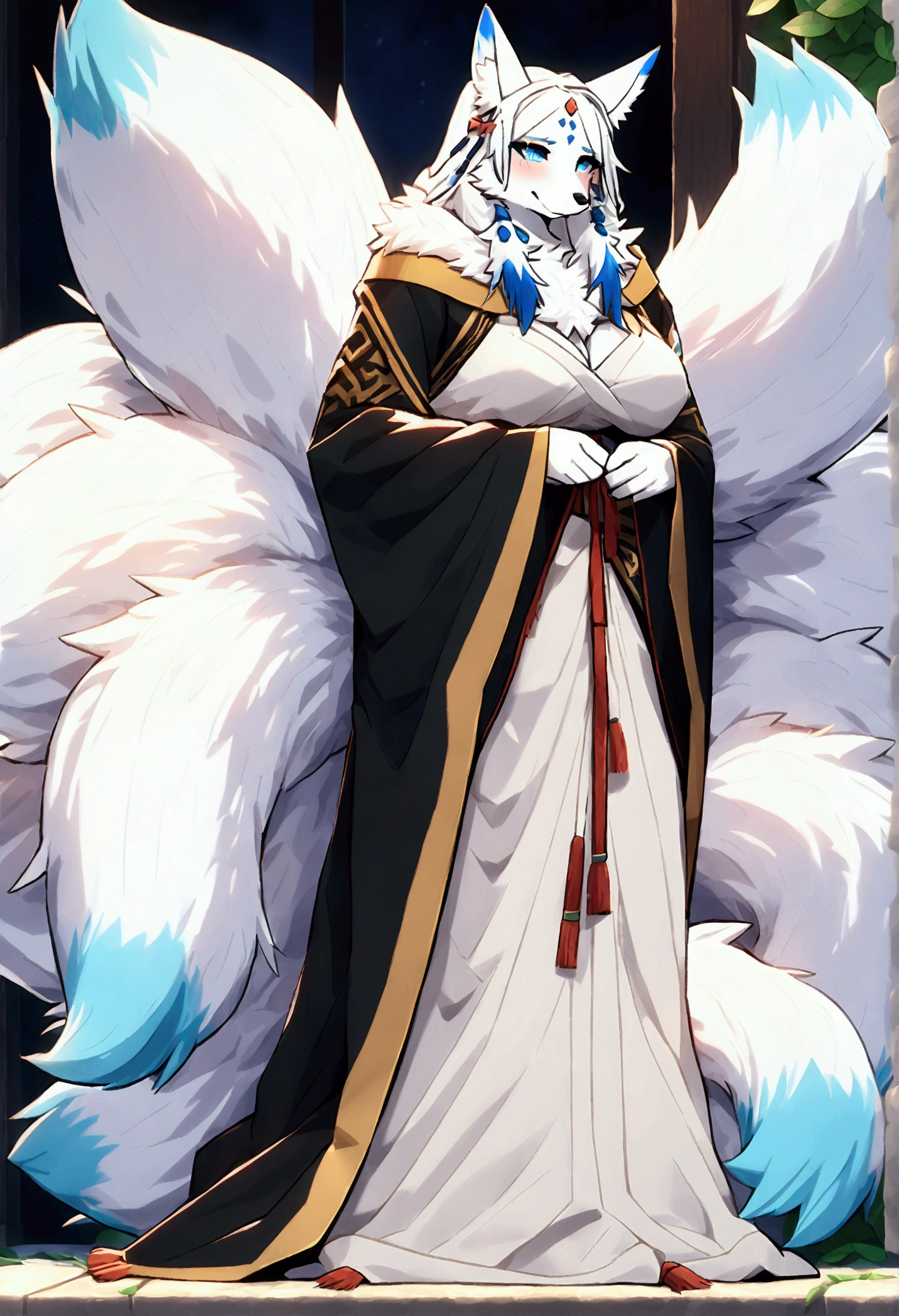 (top quality, best quality, Yamame513, High-quality illustrations, masterpiece, perfect artwork, cinematic light and shading, 16k, 1080p, uploaded on e621)(kemono, furry, anthro, alone), 1 female, (very detailed body, face, tail, arms, hands, legs, head and eyes), arctic fox, Yukime, (The Eminence in Shadow), hunter body, huge breasts, white fur, fluffy, fluffy nine tails, hair, perfect eyes, blue eyes, black pupils, beautiful dress, beautiful shrine garden, body movement, body twitching, red blushing, shy, protective behavior