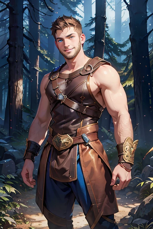 Photo realistic. A handsome, twenty-year-old, Caucasian, muscular medieval warrior, with fade-cut, brown hair, stubble, and blue eyes, wearing sleeveless, shimmering blue and gold armor, smiling slightly, standing in a magical forest, with glowing lights floating around, at dusk.