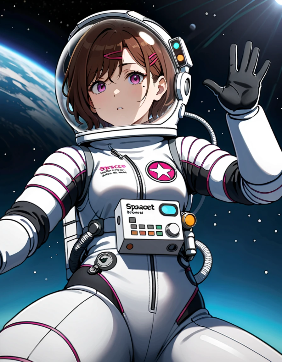 (spacesuit:1.15), white cargo pants, astronaut)bubble helmet, space helmet, gloves , , looking close at you, outer space, floating, masterpiece, best quality, 1girl, beautiful,  image from below, solo, madoka higuchi, brown hair, eyebrows hidden by hair, hairclip, mole, mole under eye, purple eyes, short hair, wavy hair, difficulty breathing, waving, fullbody