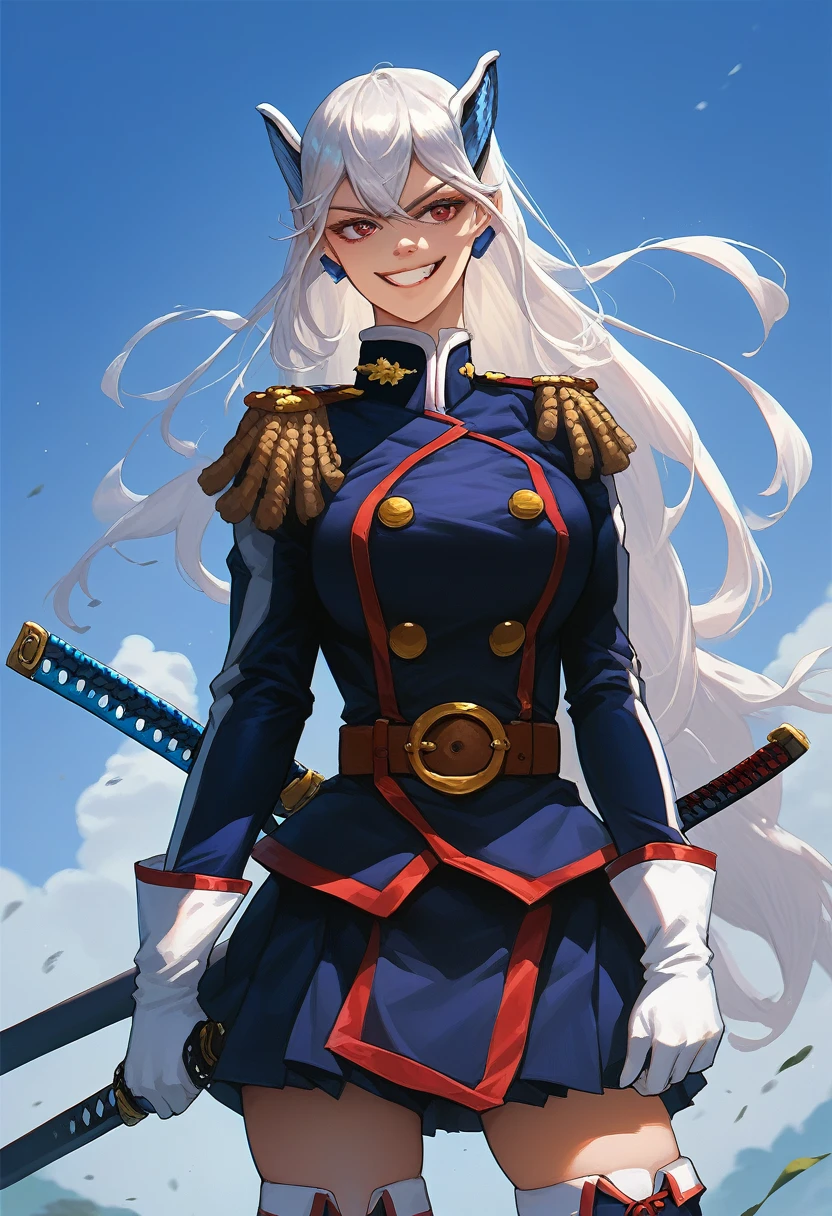 score_9, score_8_up, source_anime, 1girl, solo, UzenKyouka, long hair, hair ornament, military uniform, epaulettes, blue jacket, brown belt, white gloves, blue skirt, thigh boots, standing, outdoors, holding katana, katana, smile, 