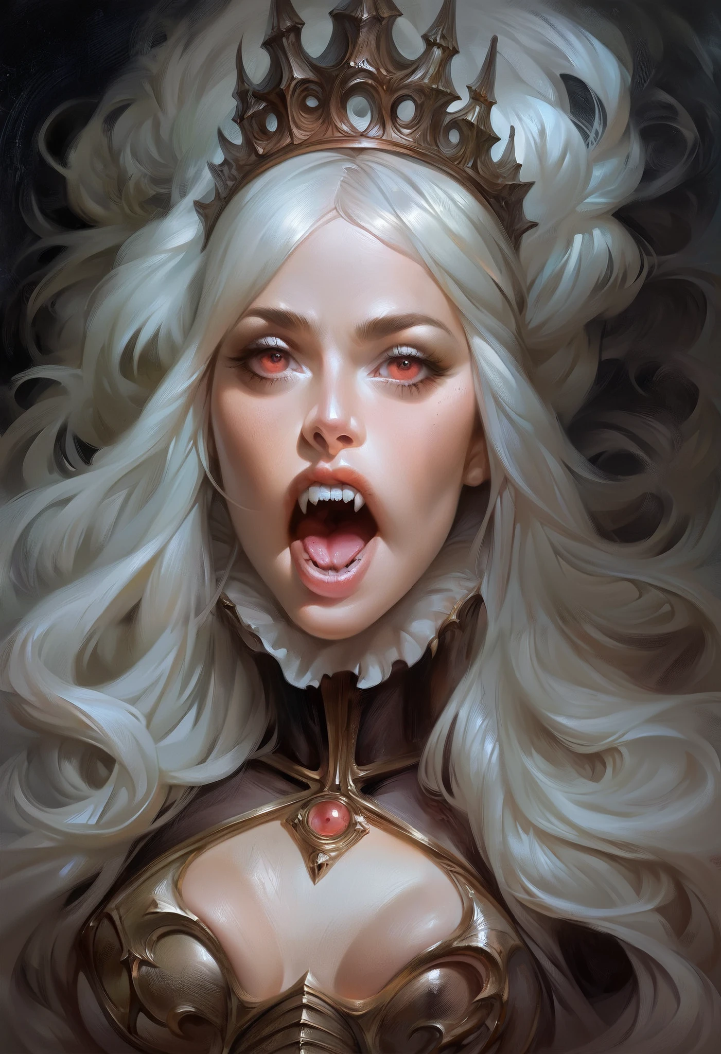 masterpiece, (photorealistic:1.4), best quality, beautiful lighting, RAW photo, 8k uhd,1 girl, colorful,mommy, 1girl, solo, long hair, blush, open mouth, blonde hair, holding, tongue, tongue out, saliva, colored skin, staff, holding staff, sexually suggestive, no pupils, grey skin <lora:mommy:0.6>