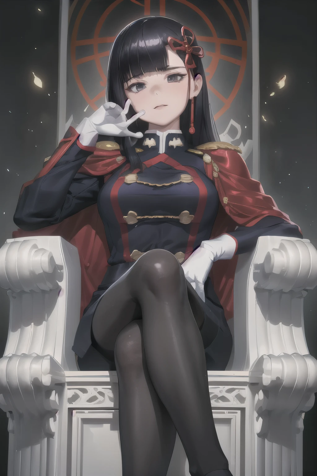 masterpiece, best quality, absurdres, YamashiroRen, blunt bangs, hair ornament, military uniform, epaulettes, white gloves, red cape, black pantyhose, sitting, throne, crossed legs, feet