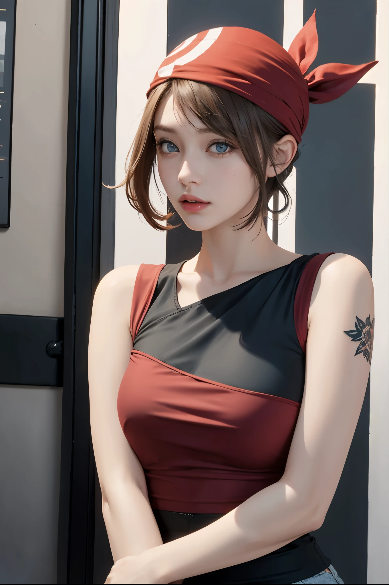   Photo Realistic ,     High Res   , miss, Shining Skin,  Unique, Tattoo, Jewelry,    pink lips   ,Short hair,  Brown hair  ,    blue eyes , residence,    red bandana hip up red top， black shorts ，White top with r ，High Ponytail， Urban Background 