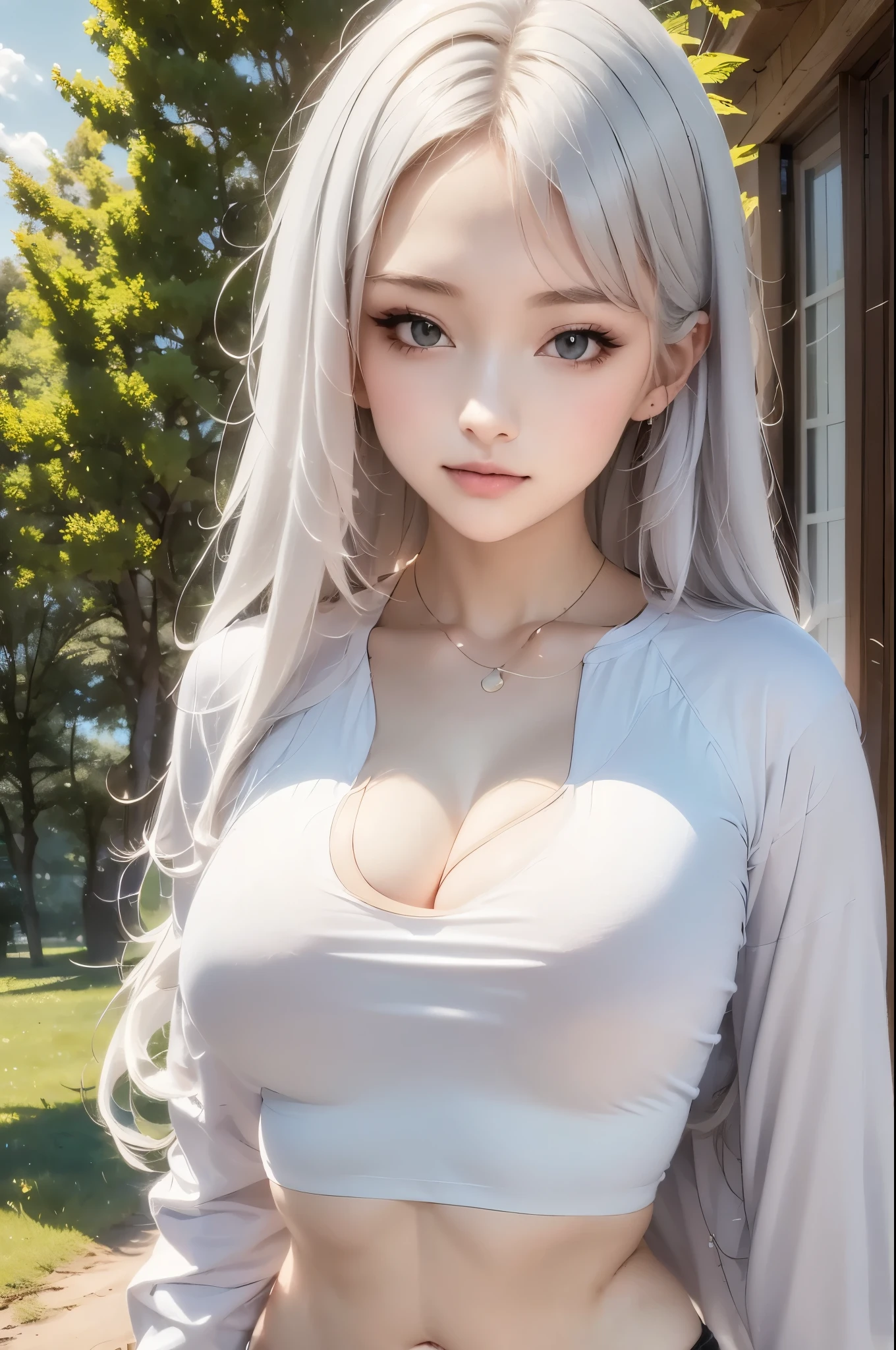 2.8D illustration, masterpiece:1.5, best quality, very detailed, 1girl, medium breasts, white hair, long hair, beautiful, forest, tree, wood, sky, noon, sunlight, sportswear, jacket. face:sweet girl
