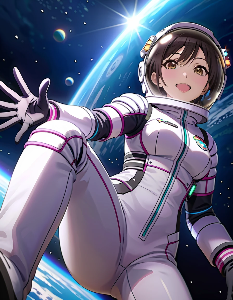 (spacesuit:1.15), white cargo pants, astronaut)bubble helmet, space helmet, gloves , , looking at close at you, outer space, floating, masterpiece, alone, solo, beautiful, bodysuits, gloss, happy, black hair, yellow eyes, waving, whole body, large breasts, image from below, space helmet, bubble helmet, Shirase Sakuya, THE iDOLM@STER Shiny Colors